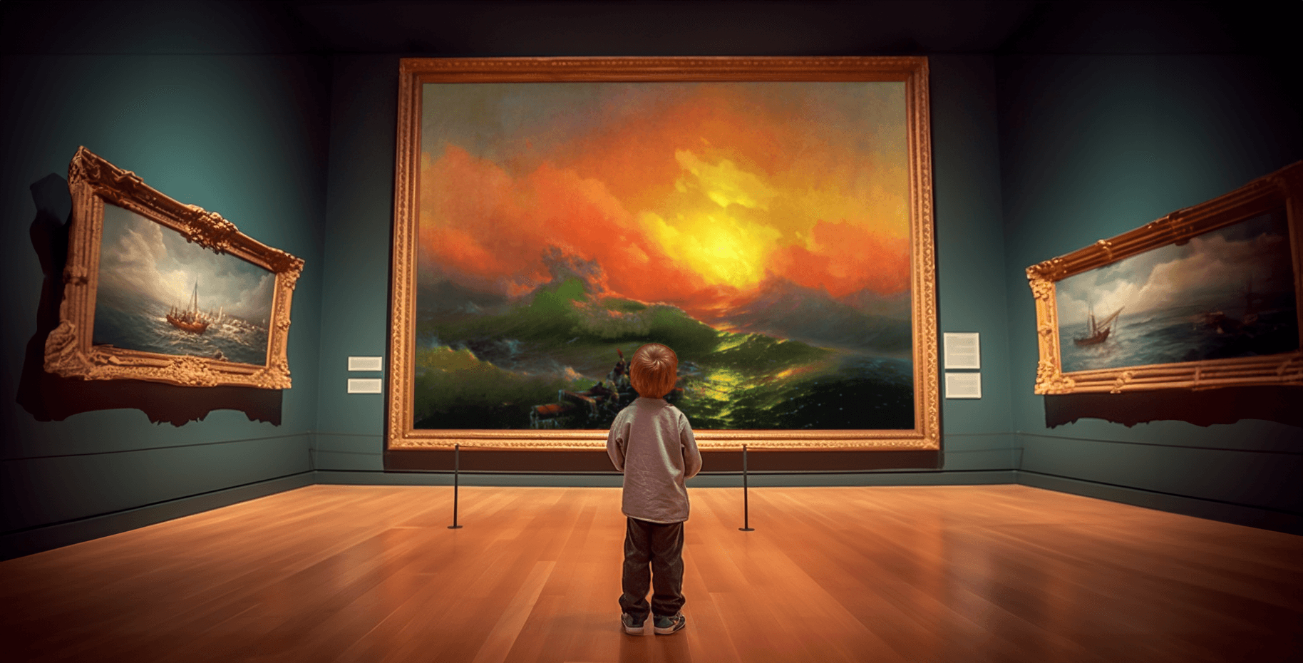 Boy looking at a large painting in a museum